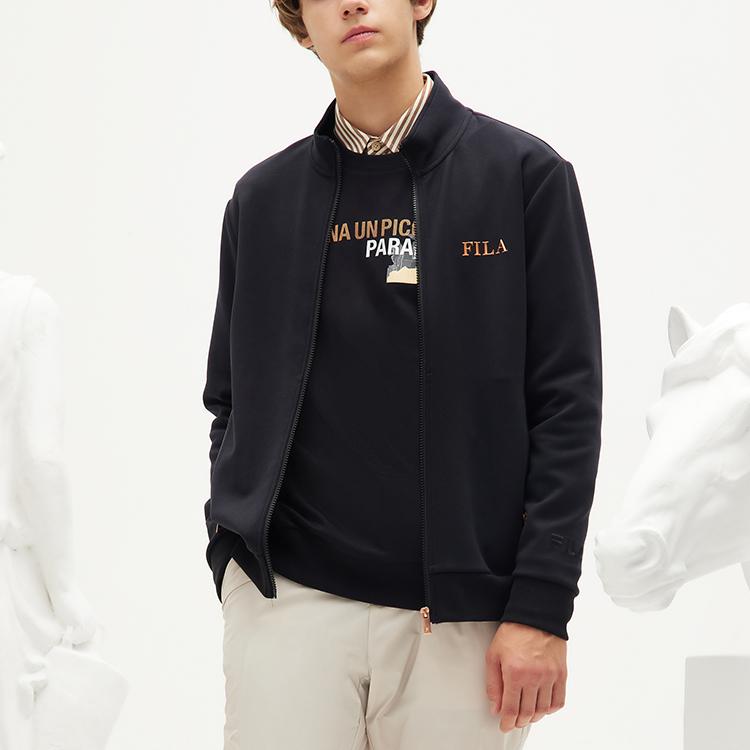FILA Logo Print Sports Knit Long Sleeve Stand Collar Jacket Men Jackets Black F11M138553F-BK