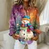 Women's Christmas Printed Button Up Long Sleeved Casual Regular Shirt With Collar Top