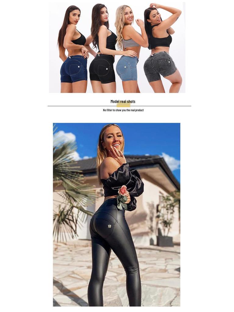 Shascullfites 2022 Pantalon de șold din piele PU piersică: Salopetă de yoga sexy pentru femei în stil european și american