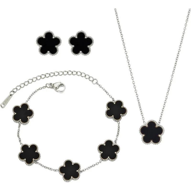 Conjunto de Joias Trevo Cor Prata para Mulheres Aço Inoxidável Hipoalergênico À Prova D'água Brincos Flor Colar Corrente Pulseira Novo