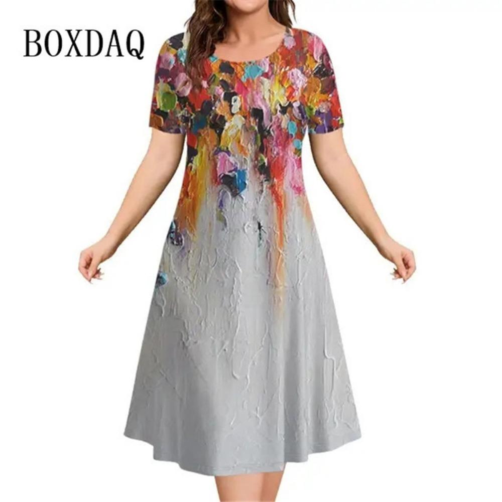 

Women s 3D Floral Pattern Short-sleeved A-line Dress, Women s Holiday Clothing, New Summer Fashion Casual Dress 6XL