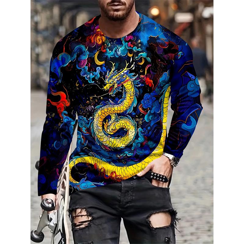 Camiseta Antigua China con Patrón de Dragón Loong para Hombre Camisetas Frescas con Estampado 3D de Dragón Mangas Largas Casuales Camisetas Unisex Tops Holgados de Cuello Redondo