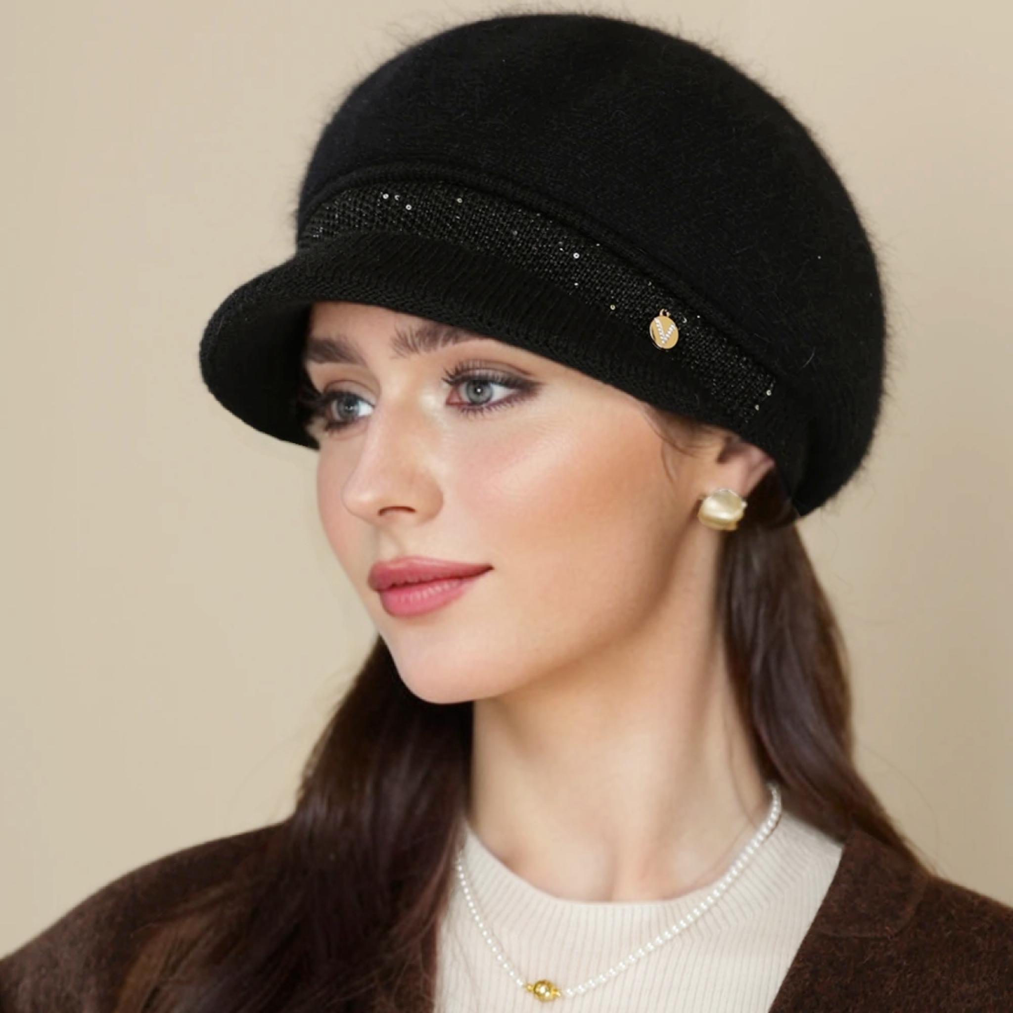 

Новая женская зимняя теплая шапка с плюшевой меховой подкладкой, теплая шапка для женщин, повседневная шапка из смесовой кроличьей шерсти, уличная мода, вязаная шапка 56cm-60cm чёрный