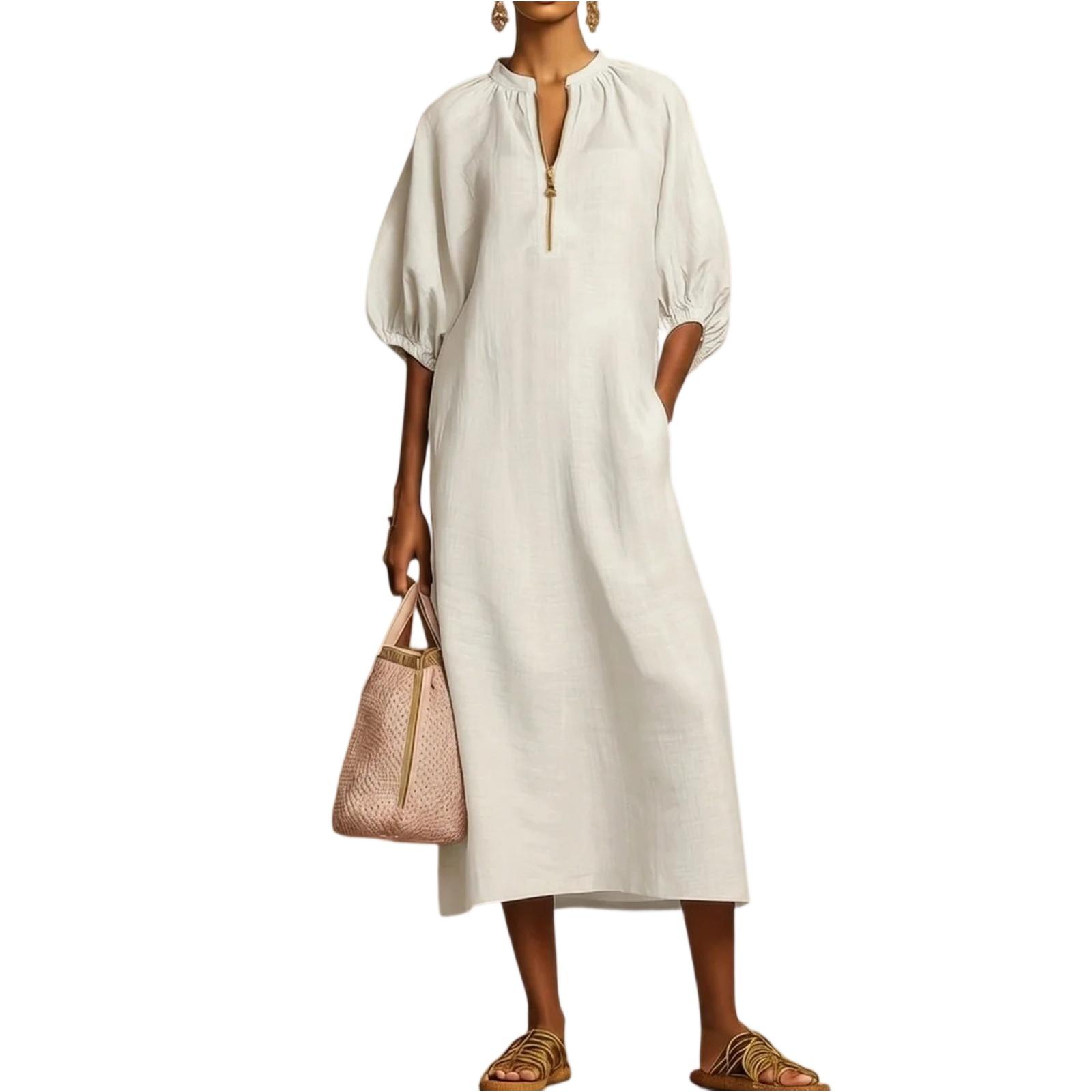 

Women s R-neck Long Dress With Pockets XL білий