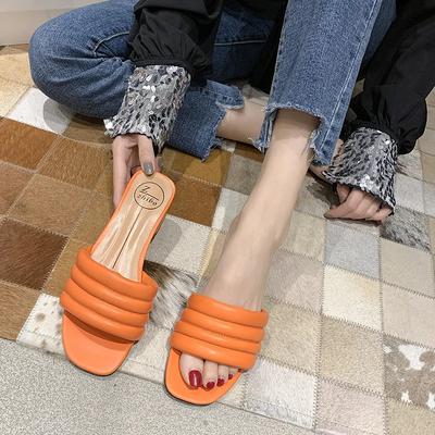 Elegant Womens Slippers High Quality Solid Cozy PU Leather Square Toe Sandals Femme Low Heel Party Dress Shoes D98