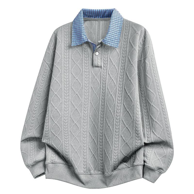 Loose Fit Plus Size Jacquard Plaid Collar American Casual Sweatshirt