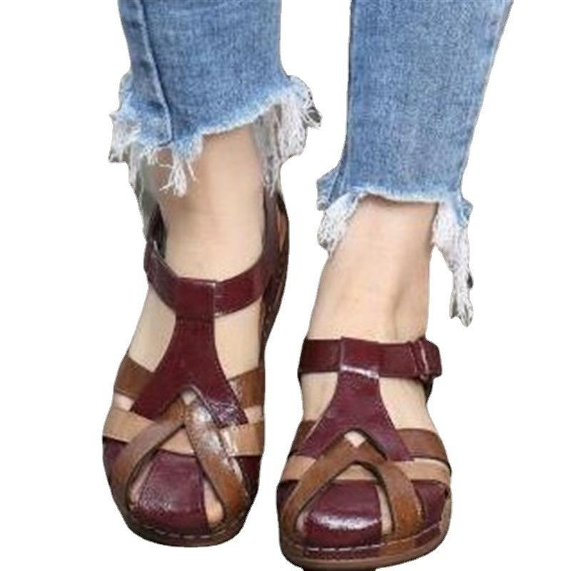 New Vintage Round-toe Wedge Heels and Cross-strap Sandals for Plus-size Women's Shoes