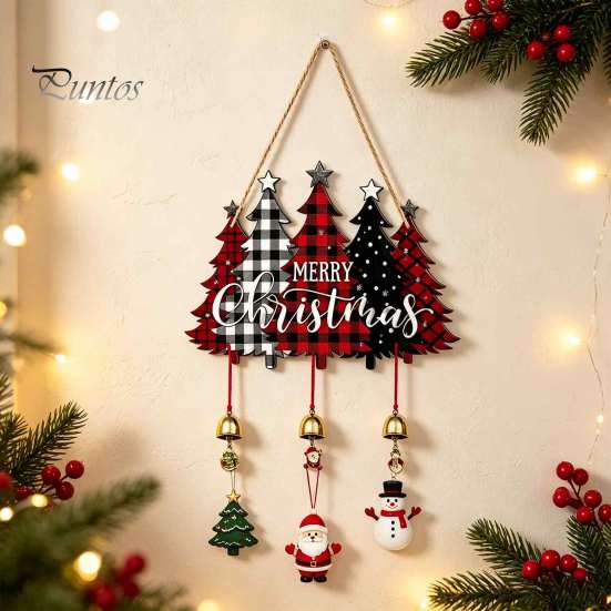 Festive Hanging Ornament Merry Christmas Wooden Wall Door Sign with Bells, Rustic Santa Snowman Indoor Holiday Party Supplies Tree Reindeer Decorative