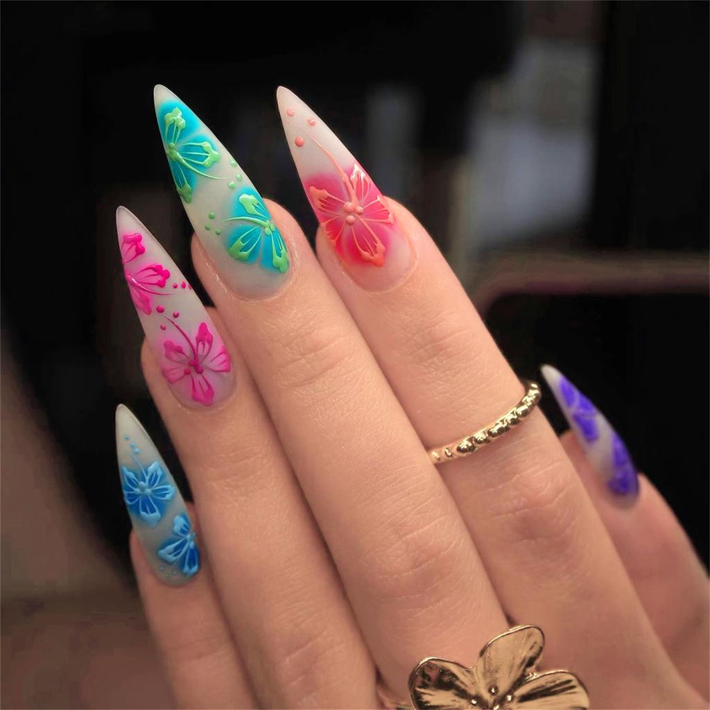 24pcs Long Press on Nails Stiletto Fake Nails Floral Design Reusable Resin Fake Nails for Shopping Traveling Dating