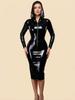 Fashion Women Pu Dress Latex Hat Collar Pencil Dresses Long Sleeve Zipper Bodycon Dresses One Step Stage Maid Dress Plus Size