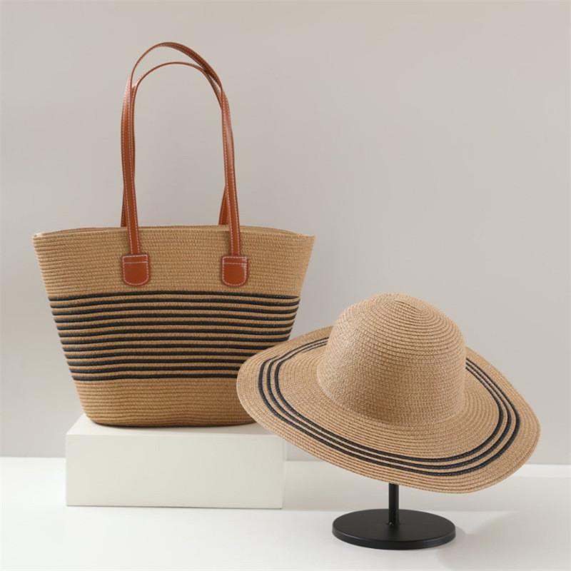 Set Cappello di Paglia e Borsa Tote Con Protezione Solare per Spiaggia e Attività all'Aperto