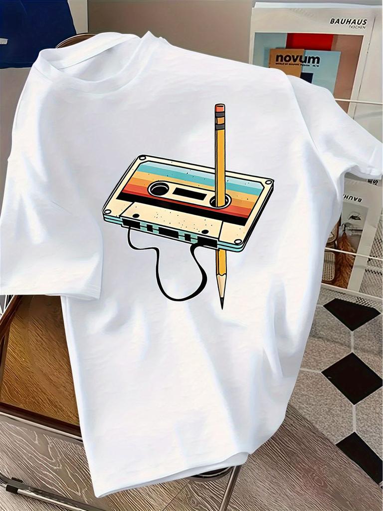 Unisex Classic Cotton Crew Neck T Shirt Retro Color Cassette Tape Pencil Graphic Loose Short Sleeve Vintage Streetwear Daily Tops
