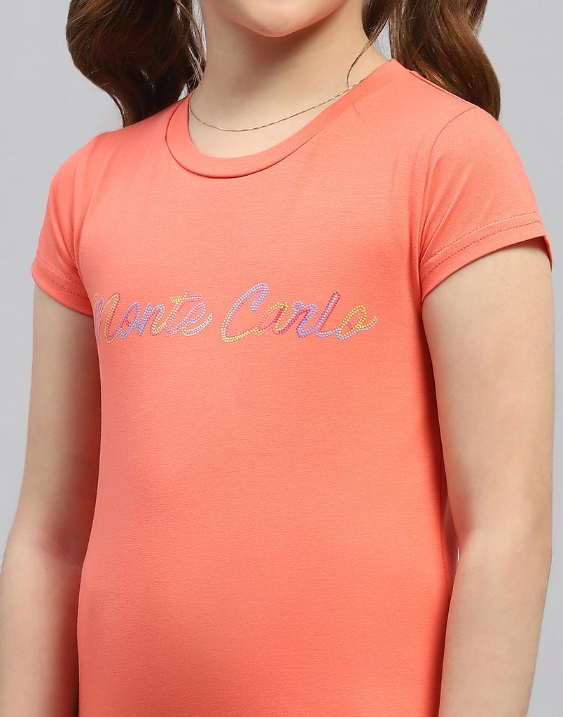 MONTE CARLO Girls Orange Printed Round Neck Half Sleeve Top