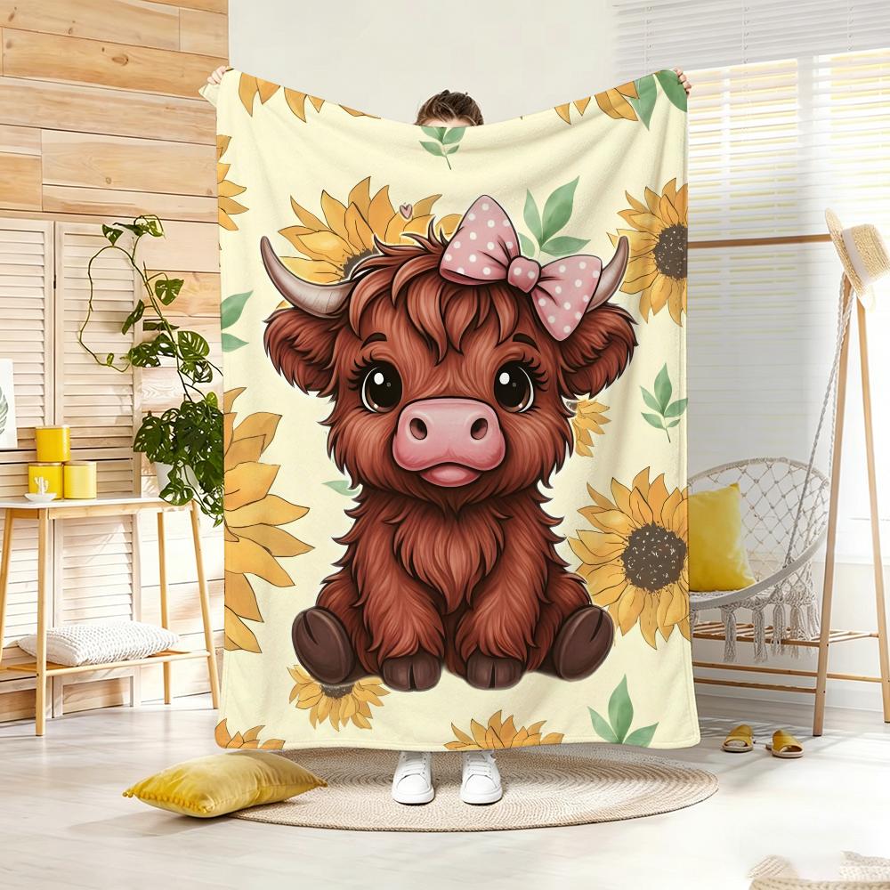 Cute Cartoon Highland Cow Throw Lightweight 240g Flannel Blanket Soft Skin-friendly for Summer Cooling