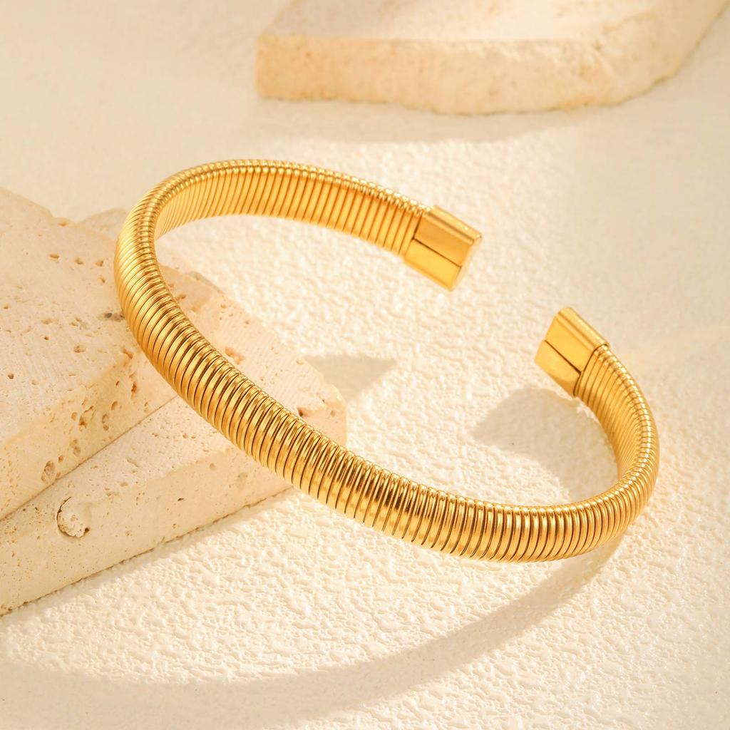 Stainless Steel Elastic Opening Bracelet for Women,Gold Color Waterproof Stripe Bangle Bracelets,Classic Jewelry Gifts
