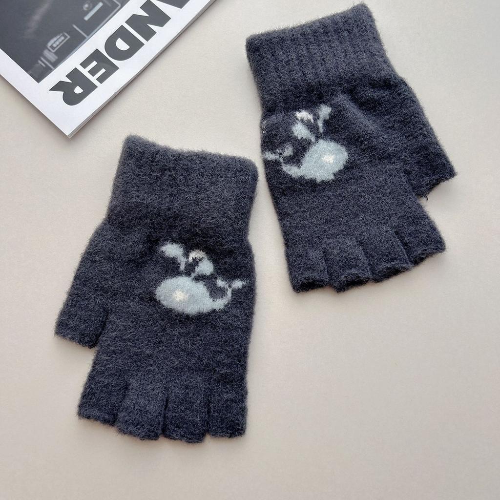 Winter warm thickened half-finger gloves Japanese cute cartoon whale picture velvet touch screen knitted wool gloves