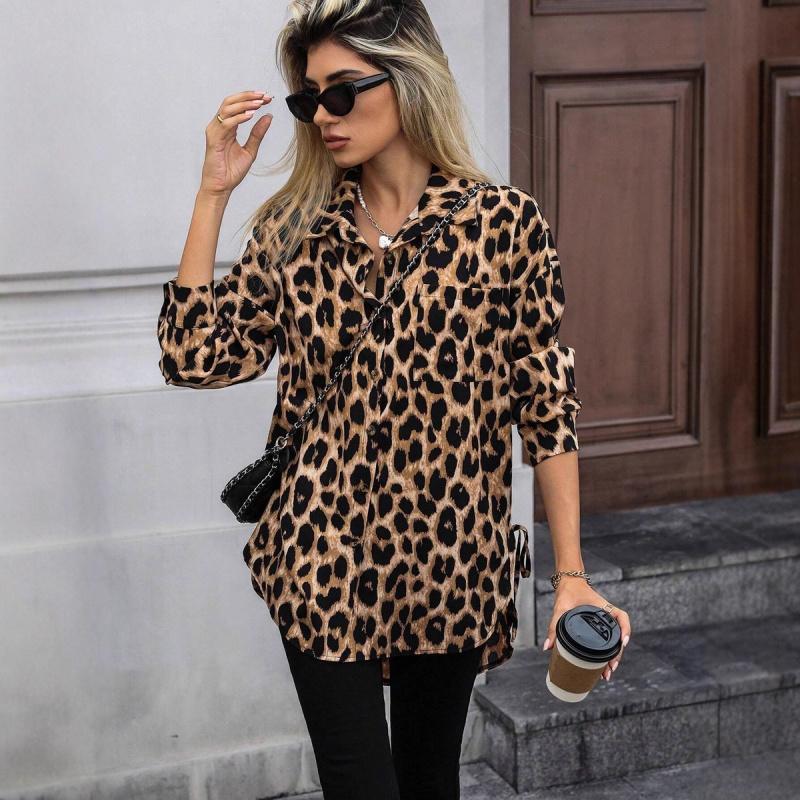 2026 Spring New Satin Leopard Print Long Sleeve Women's Blouse