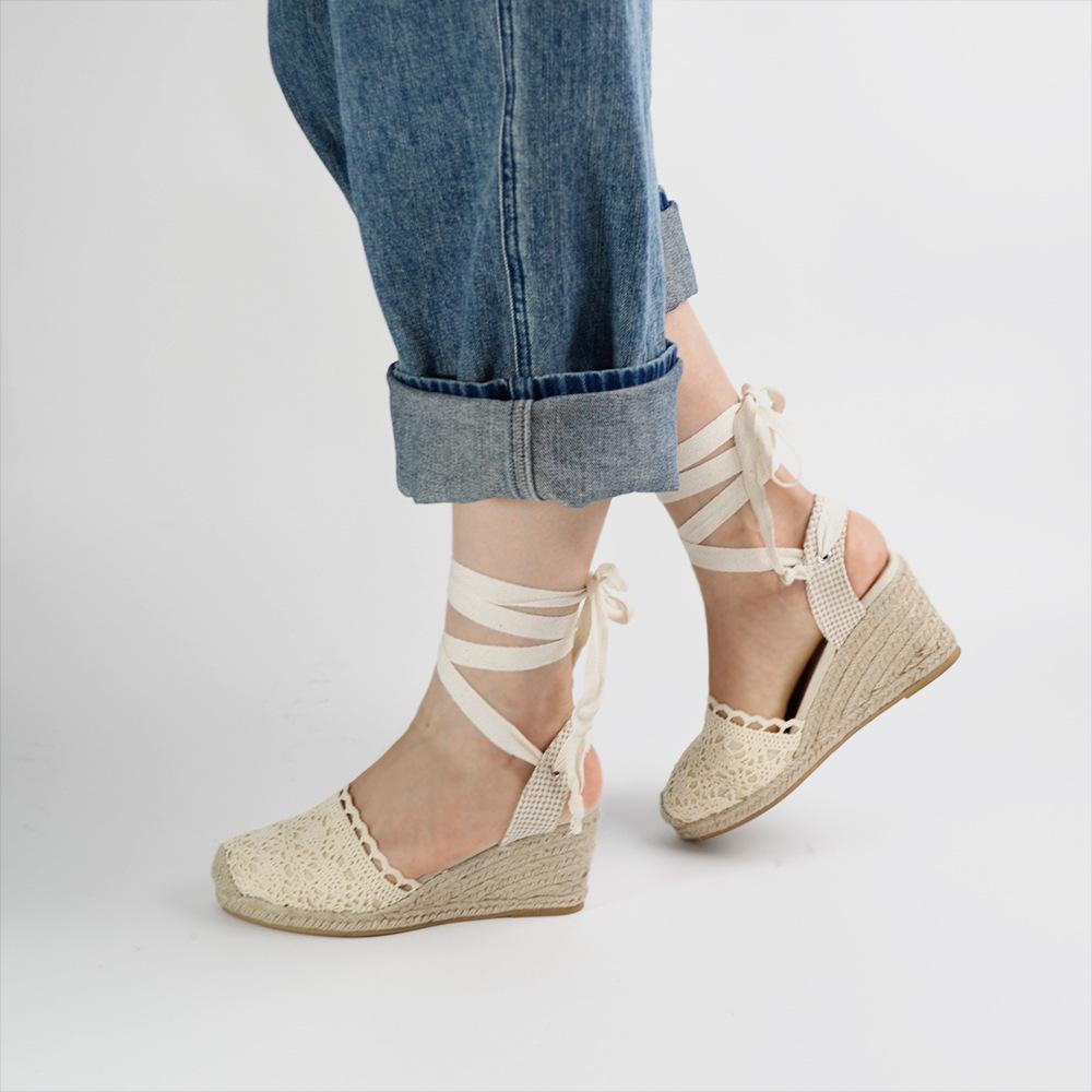 2025 Summer New Lace High-heeled Sandals Platform-soled Casual Hemp Rope Wedge Heel Sandals Rear Empty Lace-up Hemp Sole Sandals