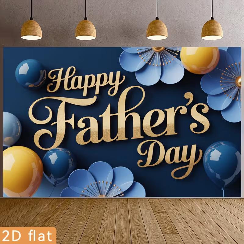 2D Navy Blue Father's Day Banner, Gold Lettering with Blue Floral Decor