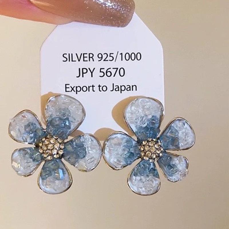 Ice quenched blue flower artificial crystal fringed earrings Cool wind temperament stud earrings Internet celebrity earrings