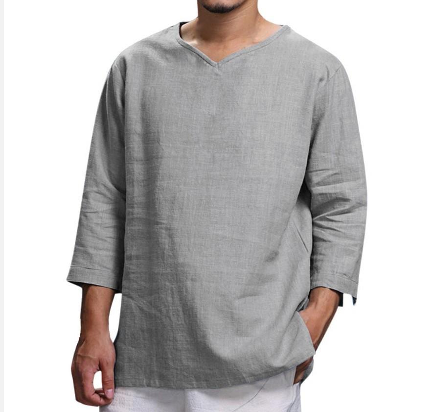 

Men s Spring and Summer Solid Color Simple V-neck Top Youth Loose Casual Seven-minute Sleeve T-shirt 4XL сірий