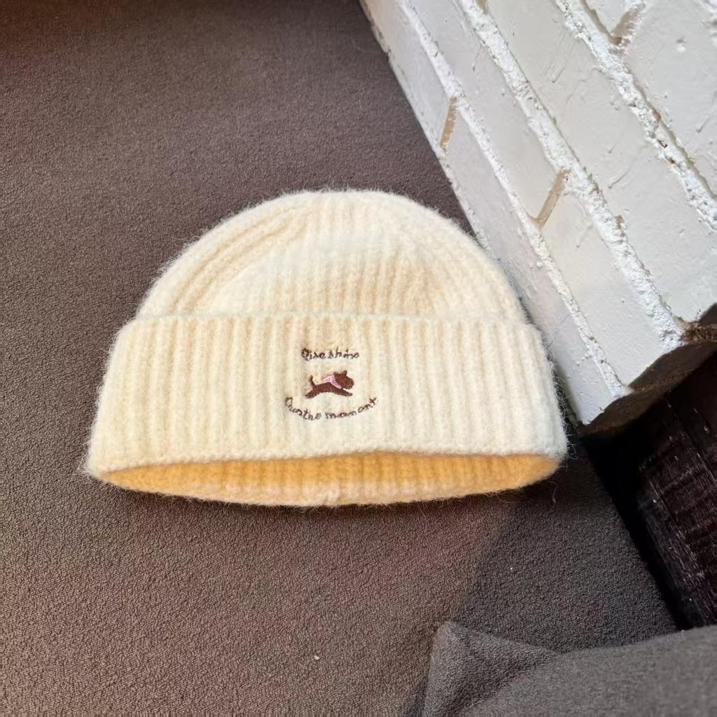 Cute Puppy Schnauzer Embroidered Knitted Wool Hat Women's New Autumn and Winter Face Small Versatile Big Head Circumference Hat