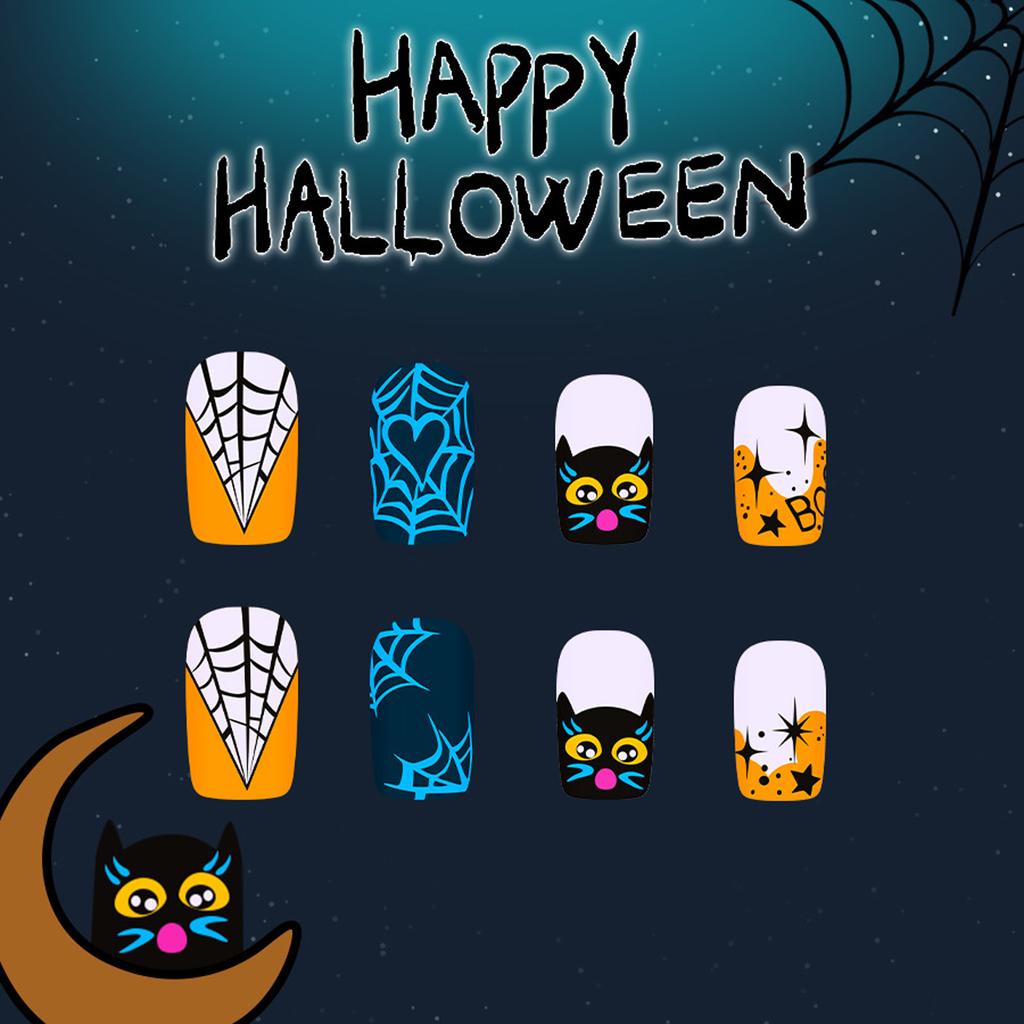 24 Piece Halloween Orange French Spider Web Gothic Press On Nails With Dark Bat Design And Black Glitter For Women Party