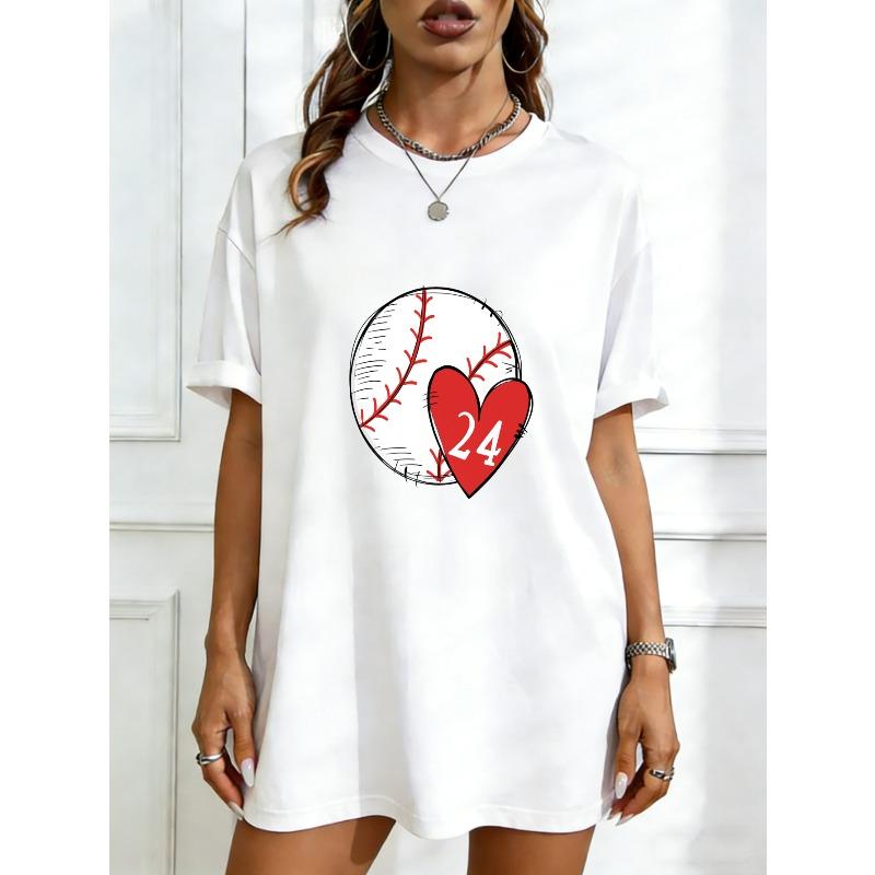 

Oversized T Shirt Black Baseball Heart 24 Print Casual Wear For Women Summer Fashion Street Style Outfit XXXXL білий