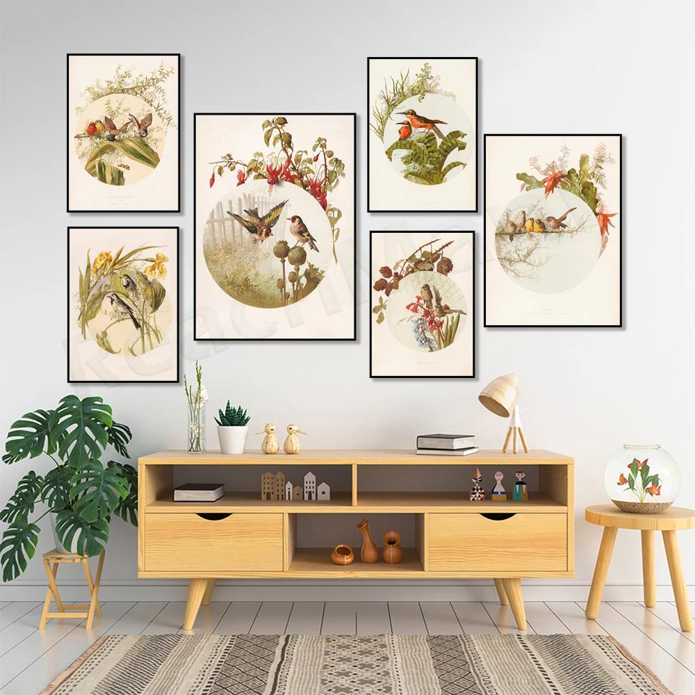 Garden birds poster, goldfinch bird, beaked warbler bird and hyacinth flower, four bengal birds, audubon bird print decoration,