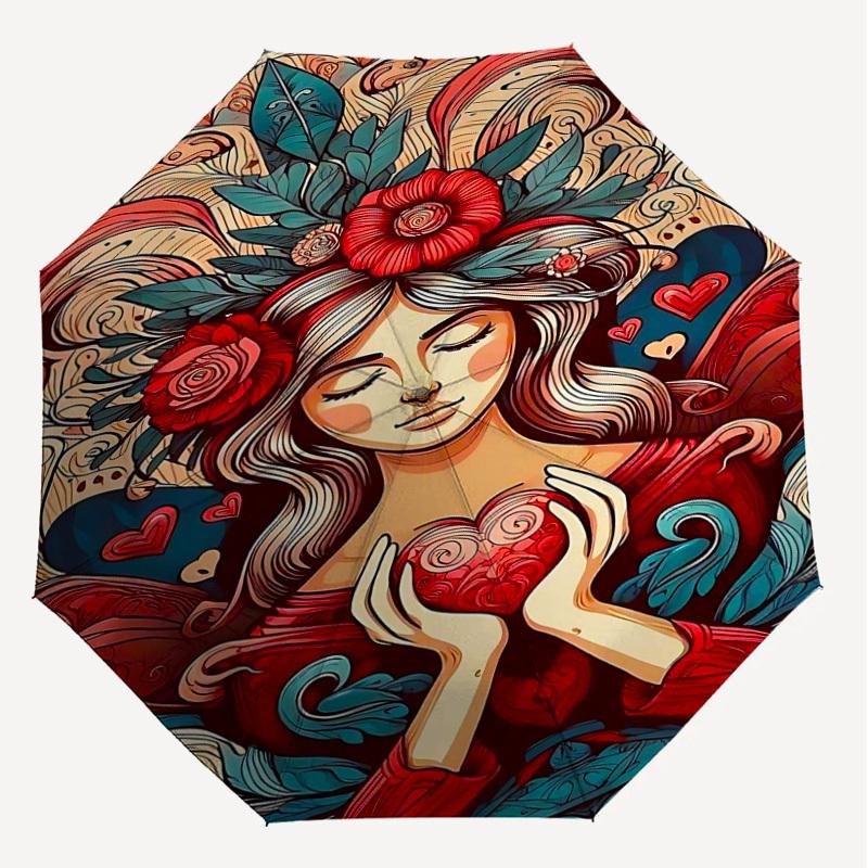 1pc Heart Love Automatic Open/Close Umbrella Compact Folding Umbrella with 8-Rib Shaft for Women/Men, Elegant Birthday1227S