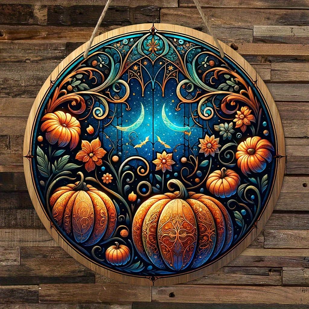 2d Flat 20*20cm, Popular Home Decoration, Autumn Pumpkin Wooden Circular Logo, Creative Decorative Plaque, for Home, Kitchen, Garden, Bar Decor.