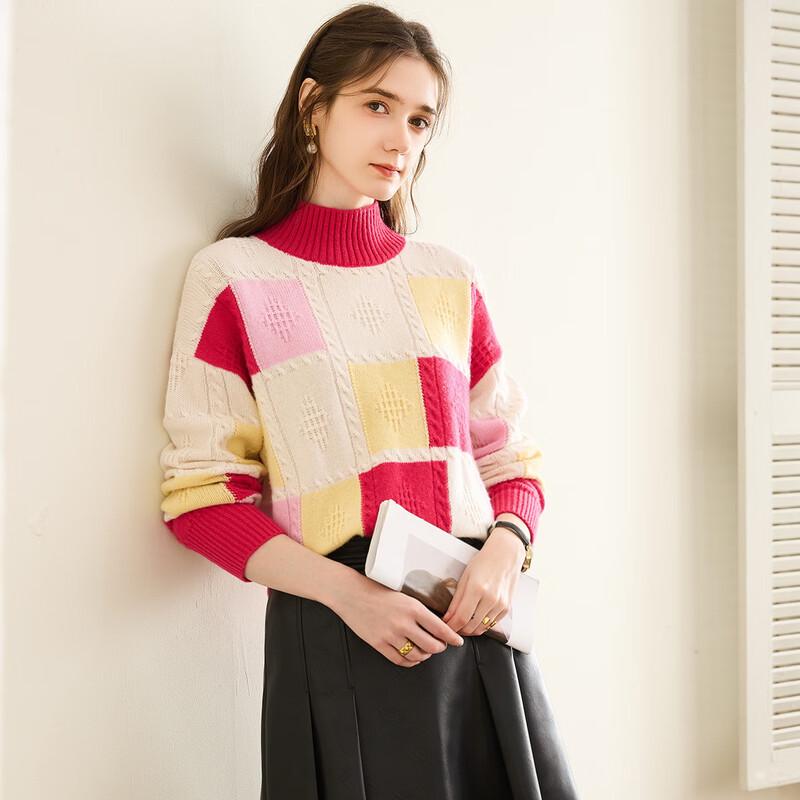 TUHUANG Women's Thick Pure Wool Half Turtleneck Color Block Sweater