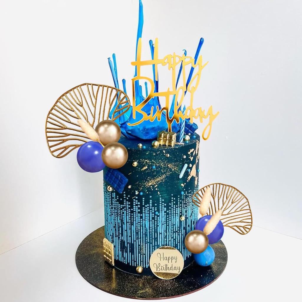 Boho Cake Topper Gold Blue Balls Cake Decorations Palm Leaves Boho Grass for Wedding Birthday Gold Blue Boho Themed Party