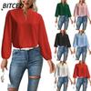 BITCED Women's Fashion Casual Solid Color Print Long Sleeve V Neck Blouses & Shirts