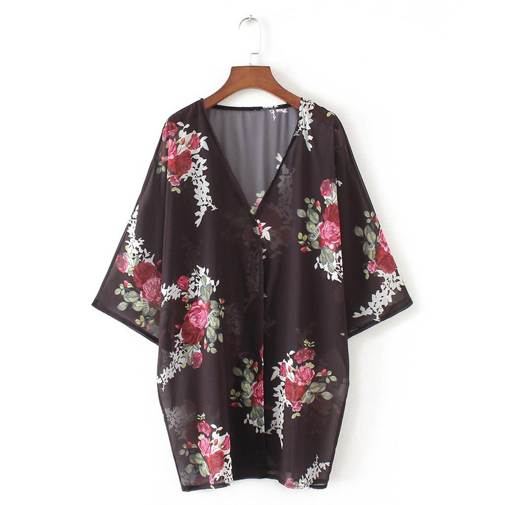 Women Chiffon Loose Shawl Print Kimono Cardigan Up Blouse Beachwear