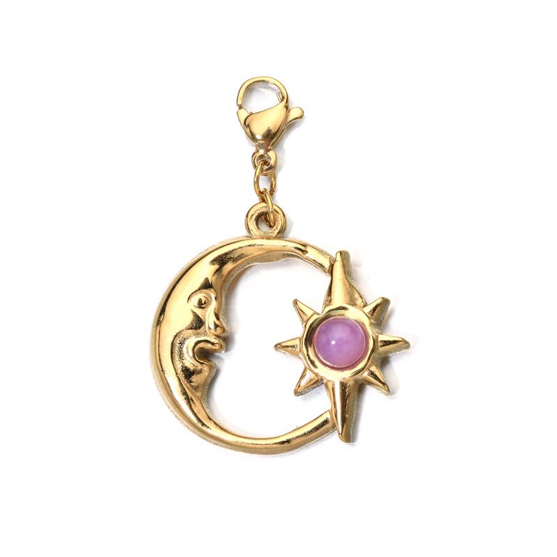 European Retro Sun and Moon Stainless Steel Pendant with Semi-Precious Stone Charm for Women.