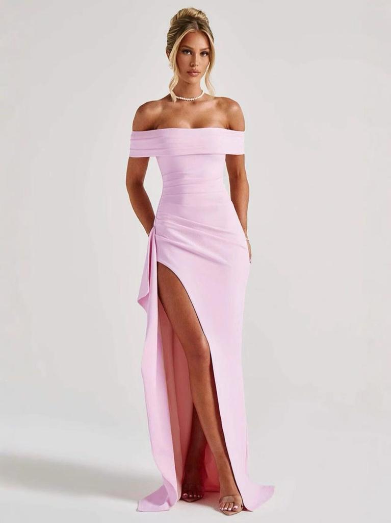 Women's Off Shoulder Ruched Maxi Dress High Slit Bodycon Draped Elegant Evening Party Wedding Guest Dress