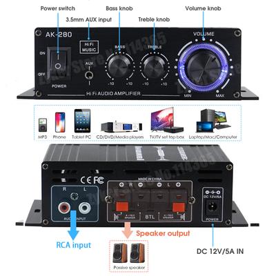 Wzmacniacze Audio AK280/AK270/AK170 do Samochodu domu Bas 2.0 Kanał Hifi Wzmacniacz Dźwięku Domowy Cyfrowy 12V Mini Wysokie Tony Moc Wzmacniaj