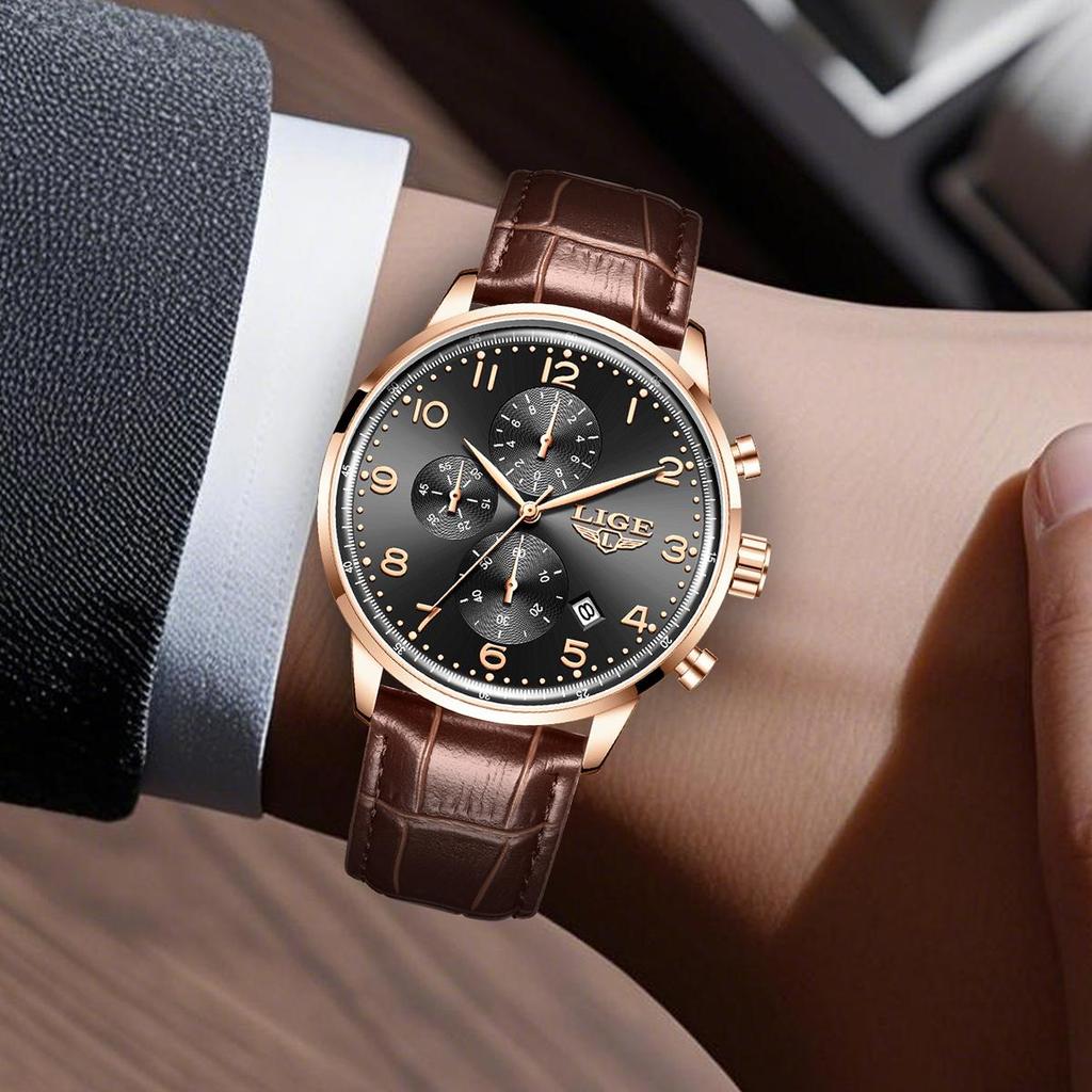 LIGE TOP Pánské hodinky Ležérní Business Vodotěsné hodinky Jednoduché Kožené Kalendář Pánské Křemenné hodinky