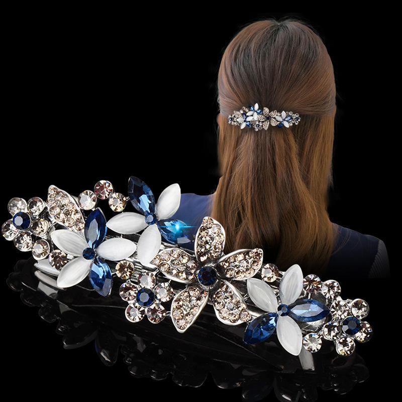 Clip de Primavera de Circonita Blanca Flor de Pedrería Brillante Clip Superior Clip Horizontal Elegante Adorno para el Cabello de Moda para Madres