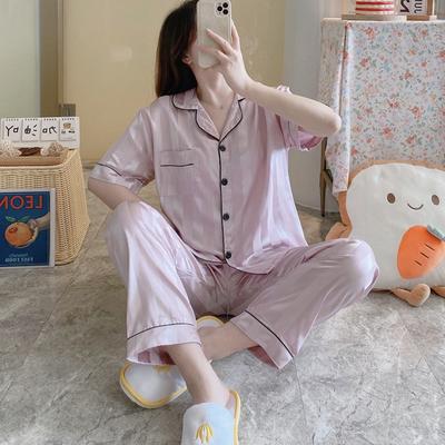 Ensemble de Pyjama d'Été en Soie Glacée pour Femmes Vêtements d'Intérieur Ins Coréen Rayures Verticales Pyjama Simple Ample Ensemble Vêtements d'Intérieur pour Filles