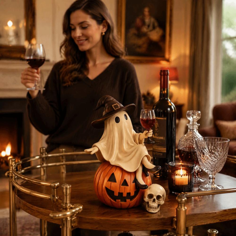 Holding a Wine Glass Halloween Ghost Figurine Cartoon Tabletop Figurine Witch Statue Ghost Decor