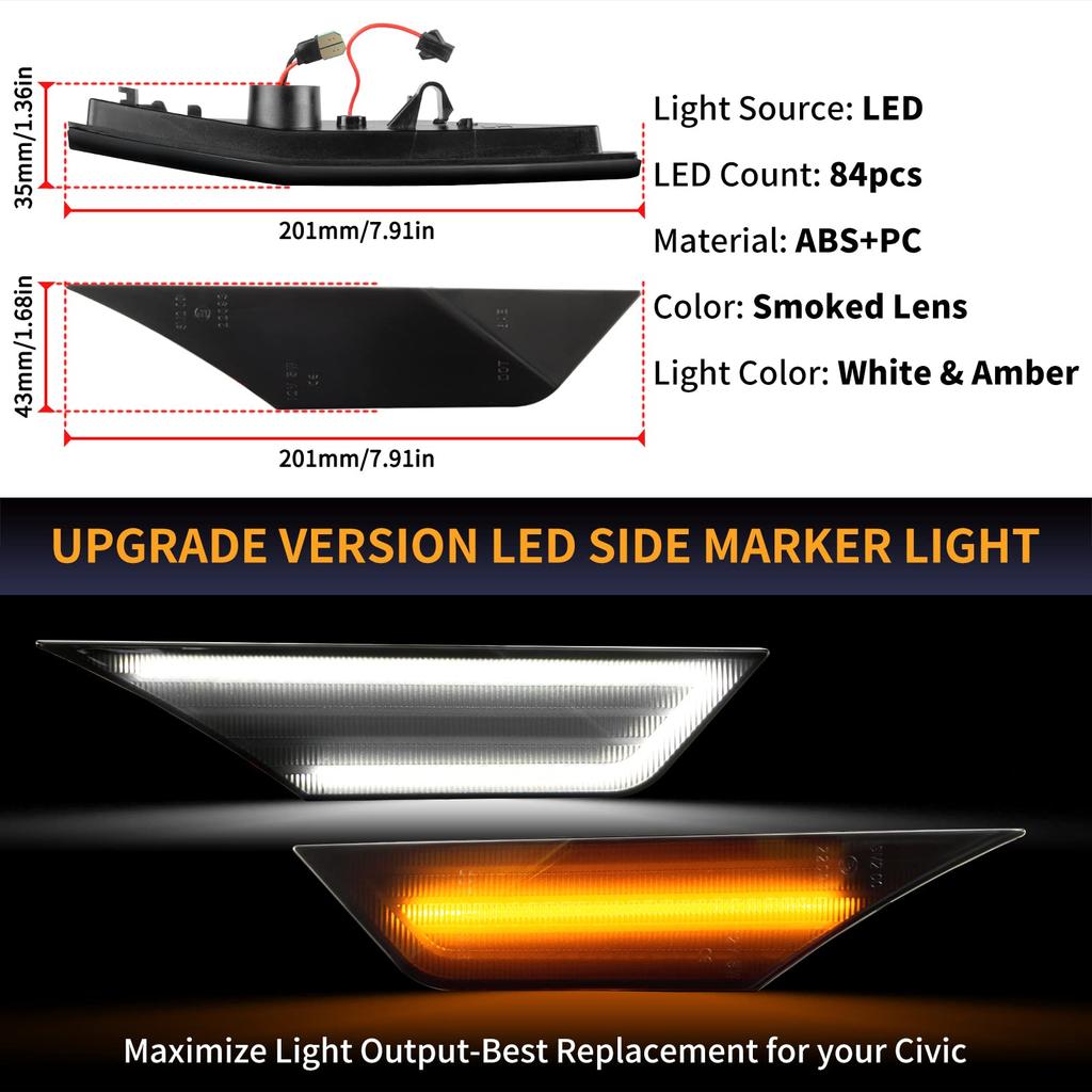 GemPro Front Fender LED Side Marker Lights with Sequential Turn Signal Delay Function of for Honda Civic 10th Generation Type Sport (Set 2, Smoked)