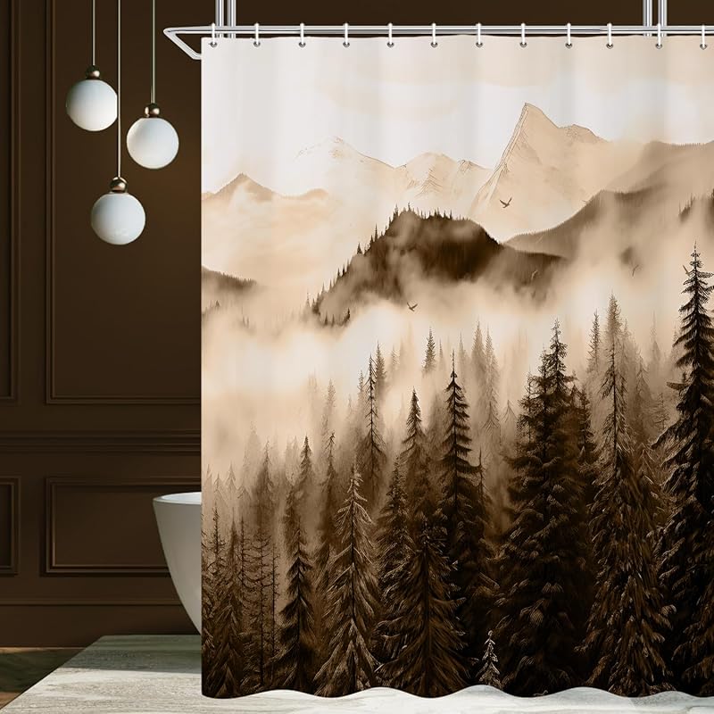 Mountain Shower Curtain, Navy Blue Misty Forest Shower Curtain Set Waterproof Nature Scenery Bathroom Decor with Hooks, 72x72 Inch