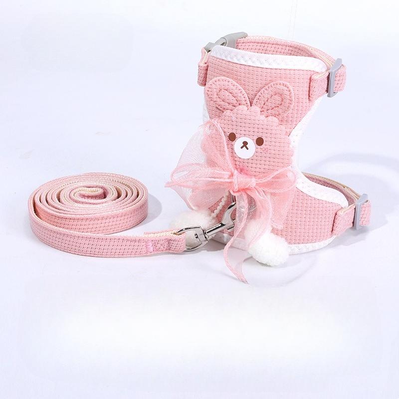 bow pet chest harness leash 2-piece set, comfortable breathable mesh cat chest harness, anti-escape dog chest harness