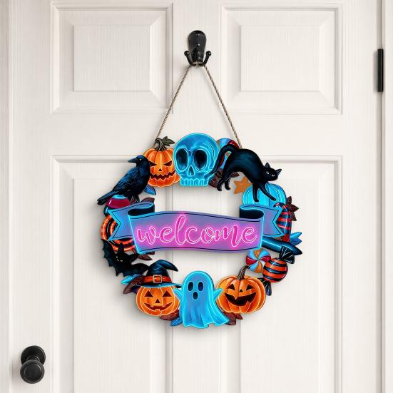 Halloween Holz Türschild, Schwarze Katze Kürbis Skelett Veranda Hängedekoration, Wasserdichtes Außen Willkommensschild, Bereit zum Aufhängen Party Dekoration