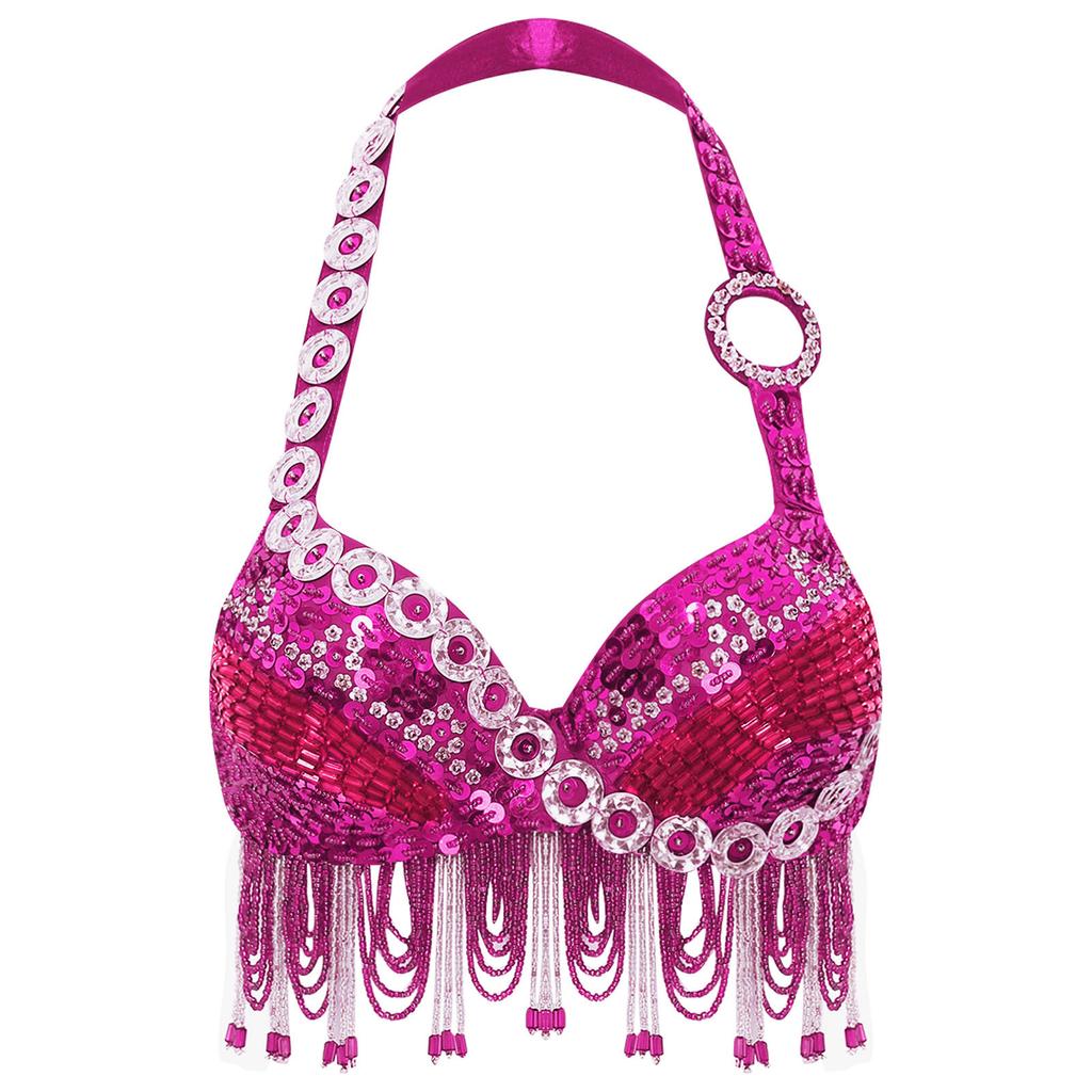 Women Belly Dance Halter Bra Top Sparkle Sequins Plastic Beads Tassel Rhinestone Dance Crop Top Performance Costume