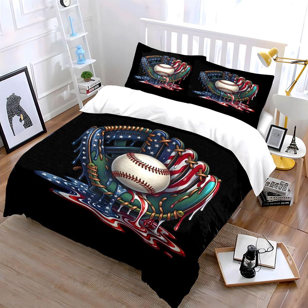 Baseball and American-themed Glove Print Bedding Set 1 Duvet Cover 2 Pillowcases for Adult and Children Luxury Gift Full Size
