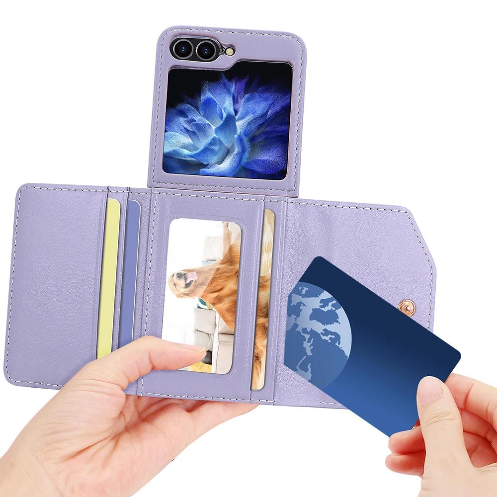 Lanyard Cards Solt Leather Wallet Case for Samsung Galaxy Z Flip 6 5 4 3 5G Flip6 Flip5 Strap Diamond Triple Fold Purse Cover