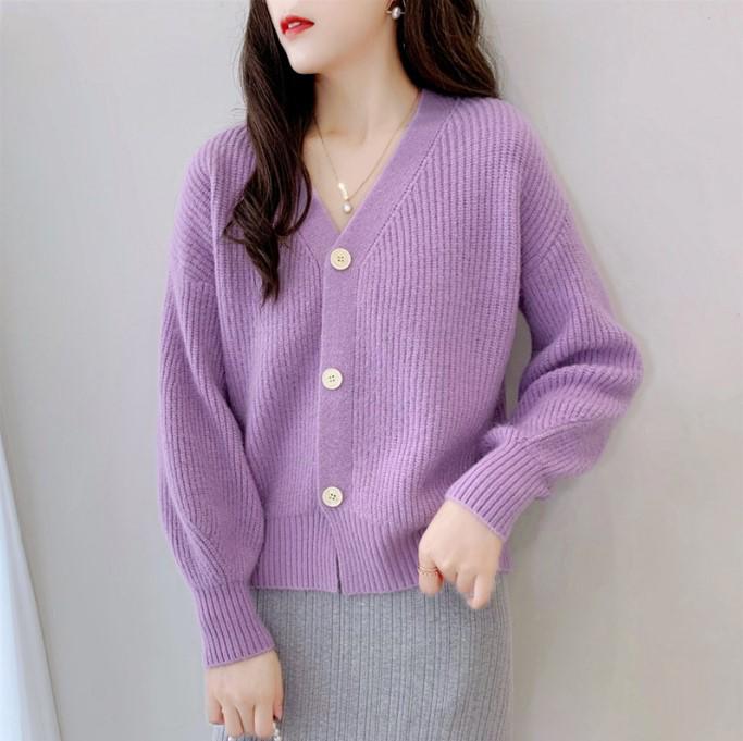 Women's Trendy V-Neck Knit Cardigan: Spring & Autumn Long Sleeve Loose Sweater in Candy Colors